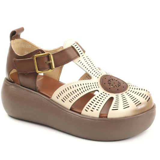 Formazione Pantofi dama decupati piele naturala 10682 CREAM/BROWN ID5376-CRBR